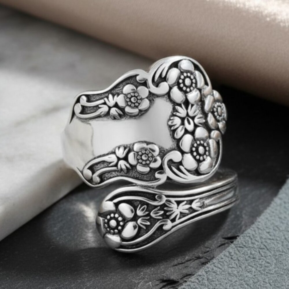 925 STERLING SILVER Vintage Style Flowers Spoon Ring - Picture 9 of 15